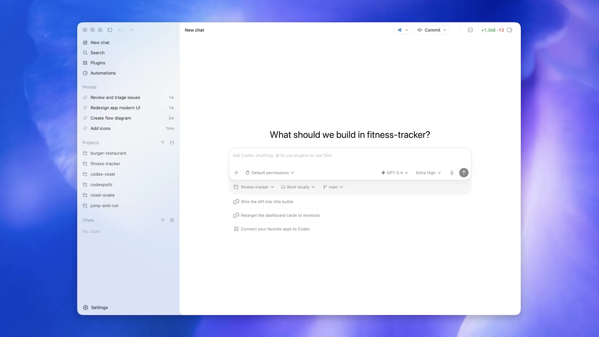 OpenAI Codex 桌面應用程式介面截圖,左側顯示專案清單與 Pinned 任務,右側為 New Chat 視窗