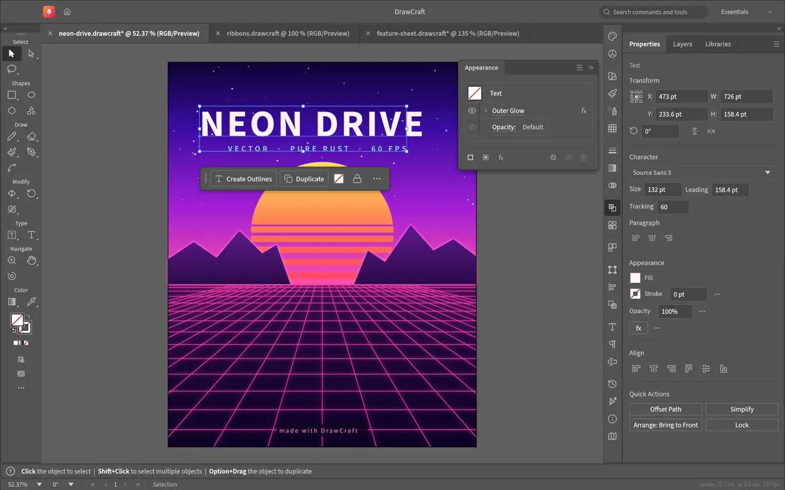 VectorCraft 編輯合成器浪潮風海報 Neon Drive 的畫面，文字物件套用外光暈，外觀面板與右側屬性面板開啟