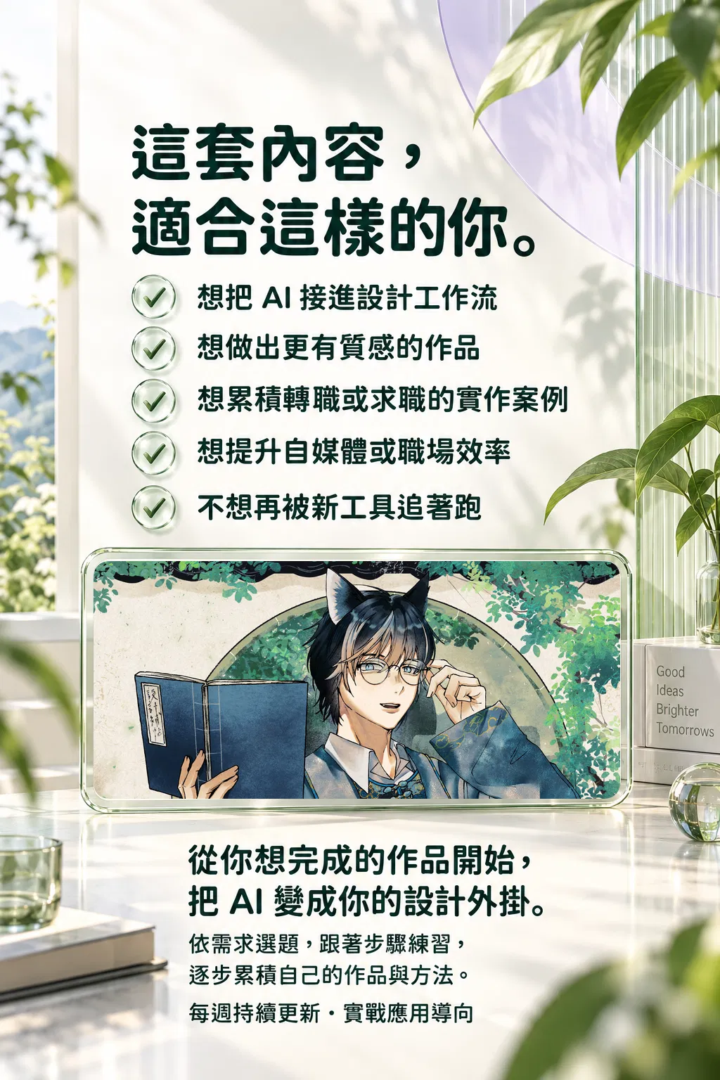這套內容,適合這樣的你。——想把 AI 接進設計工作流;想做出更有質感的作品;想累積轉職或求職的實作案例;想提升自媒體或職場效率;不想再被新工具追著跑;從你想完成的作品開始,把 AI 變成你的設計外掛;依需求選題,跟著步驟練習,逐步累積自己的作品與方法;每週持續更新・實戰應用導向