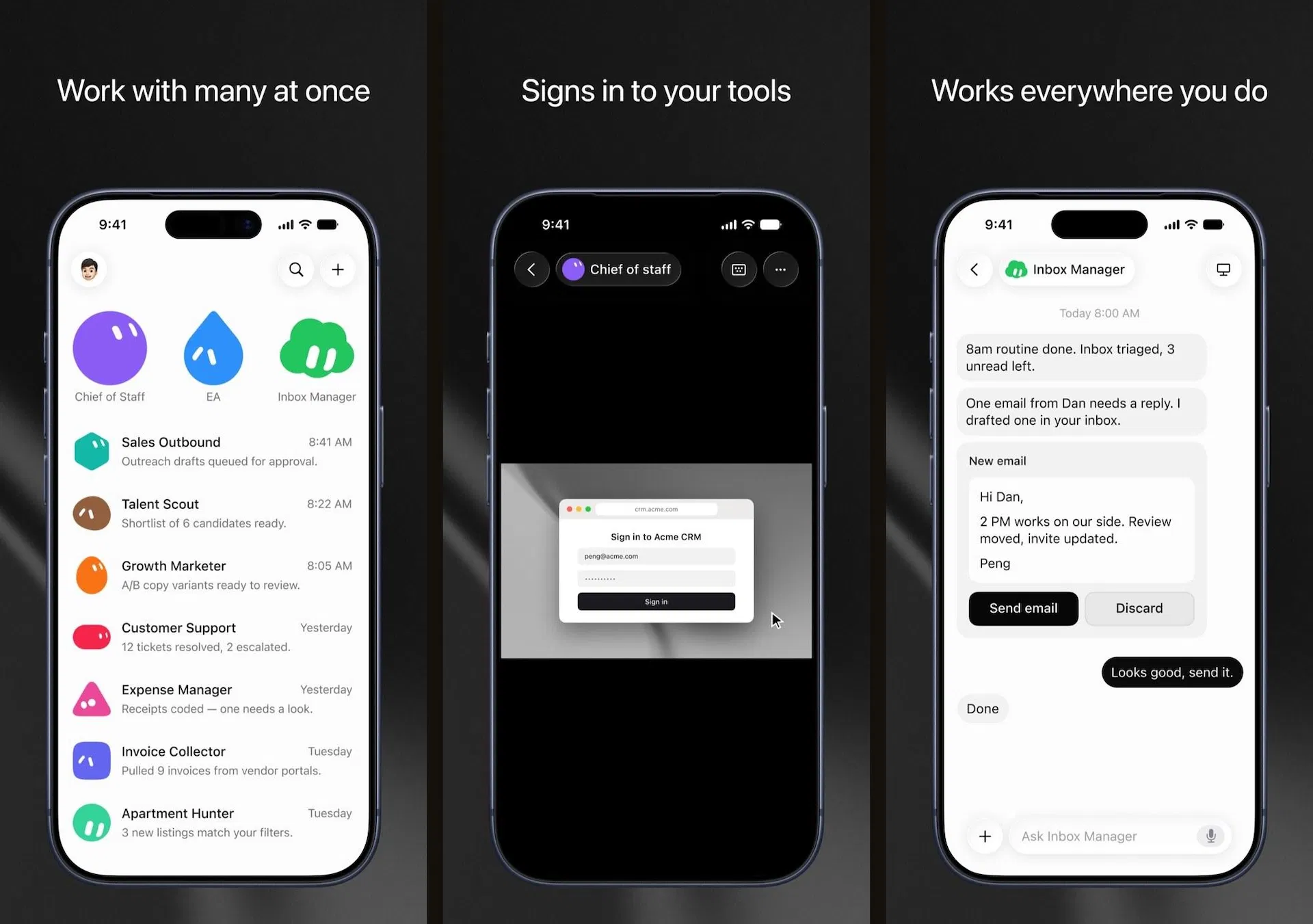 Grok Bot iPhone App 官方截圖三張：Bot 名單、Bot 在雲端電腦上登入 CRM、對話中的寄信卡片