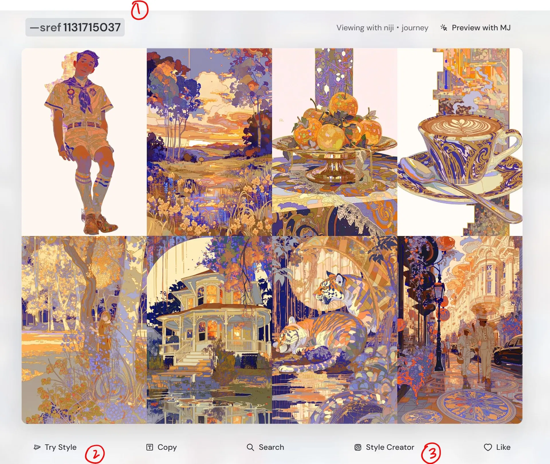 niji・journey Style Explorer 的風格頁：上方是風格碼 --sref 1131715037，下方有 Try Style、Copy、Search、Style Creator、Like 按鈕