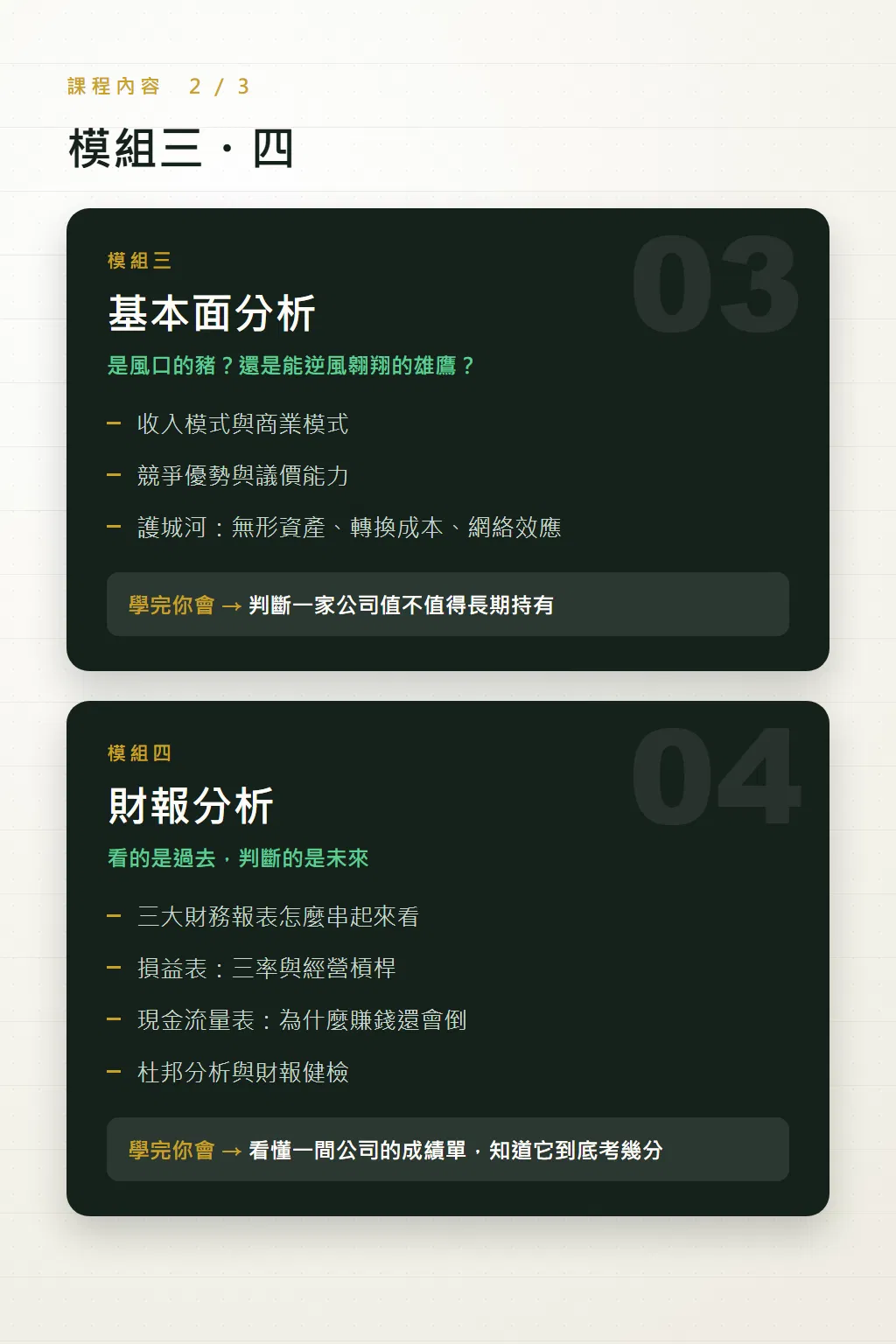 模組三基本面分析與模組四財報分析的課程內容,含護城河、三大財務報表與杜邦分析
