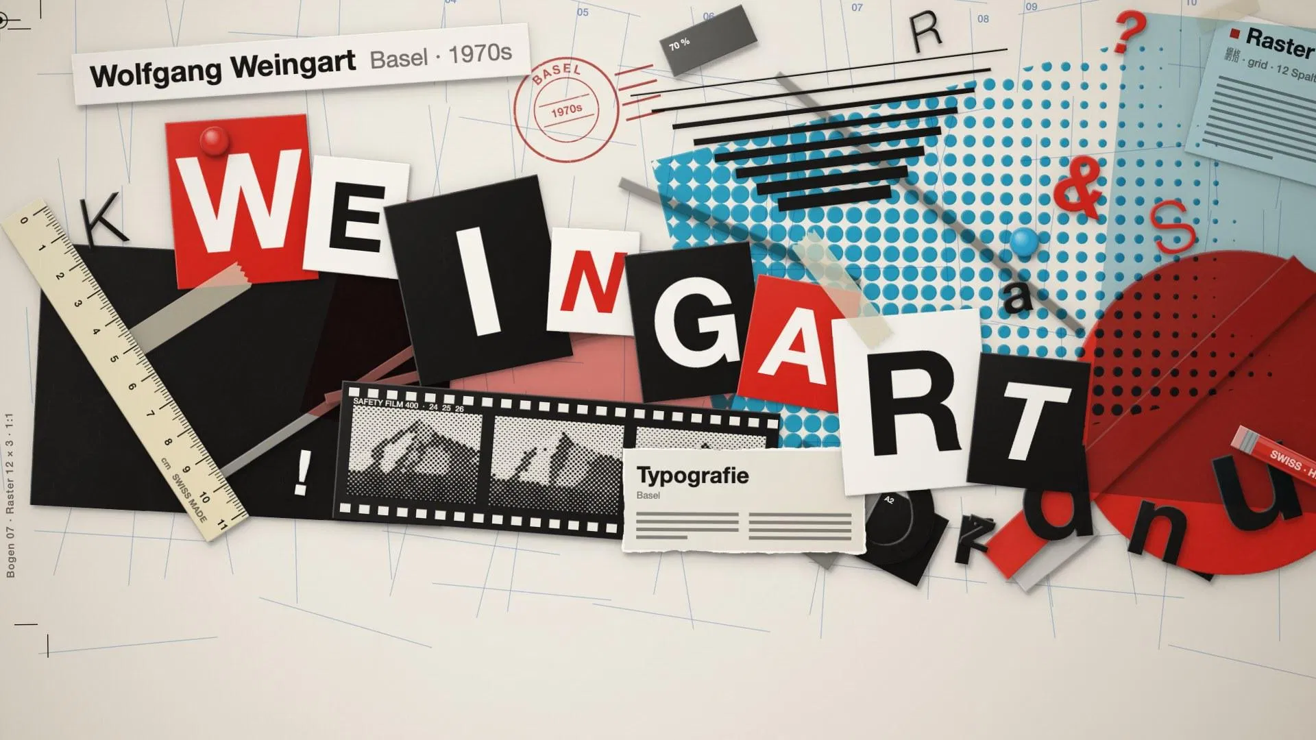 剪紙動畫裡 Weingart 的拼貼畫面：大大小小的 W、E、I、N、G、A、R、T 字母歪斜疊在一起，混著藍色網點、底片條與斜放的尺