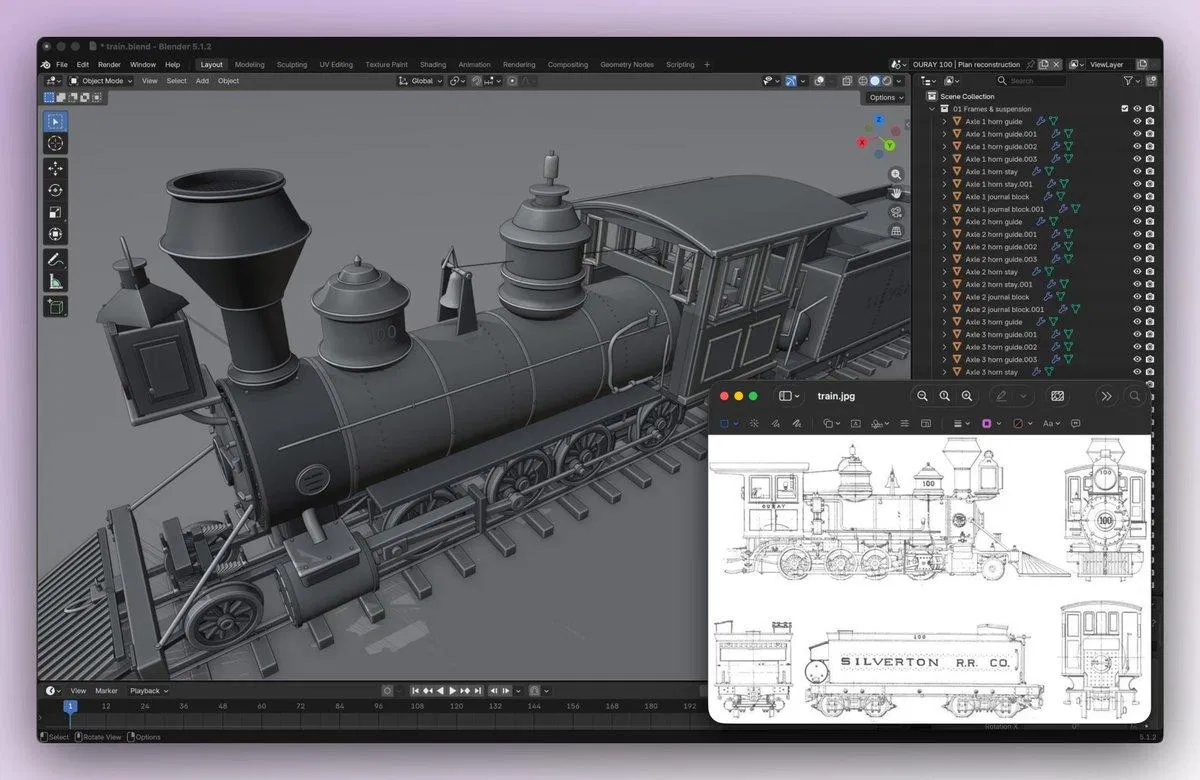 Tom Krcha 分享的 Blender 畫面：GPT-6 Astra 從一張 Silverton 鐵路舊圖紙重建的蒸汽火車模型，大綱面板列出逐一命名的零件