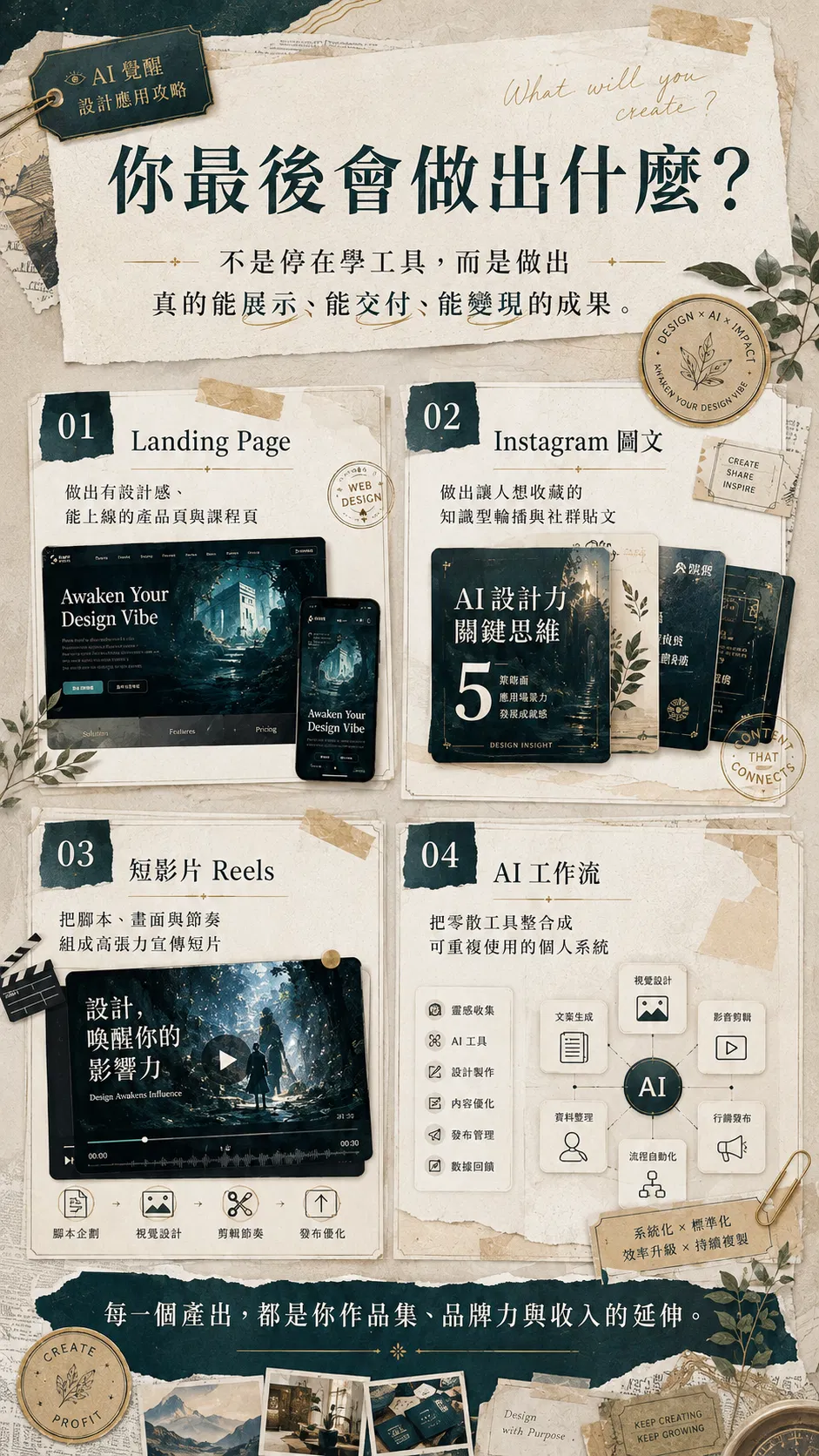 你最後會做出什麼?不是停在學工具,而是做出真的能展示、能交付、能變現的成果——01 Landing Page(做出有設計感、能上線的產品頁與課程頁)、02 Instagram 圖文(做出讓人想收藏的知識型輪播與社群貼文)、03 短影片 Reels(把腳本、畫面與節奏組成高張力宣傳短片:腳本企劃、視覺設計、剪輯節奏、發布優化)、04 AI 工作流(把零散工具整合成可重複使用的個人系統:靈感收集、AI 工具、設計製作、內容優化、發布管理、數據回饋);每一個產出,都是你作品集、品牌力與收入的延伸