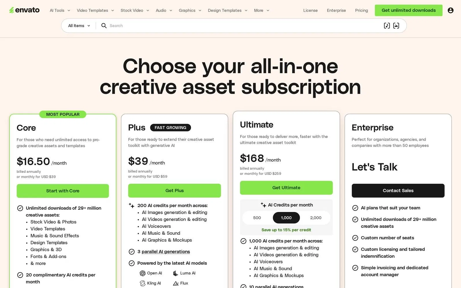 Envato 官方定價頁面,並列 Core、Plus、Ultimate、Enterprise 四個方案與各自的月費與 AI 點數