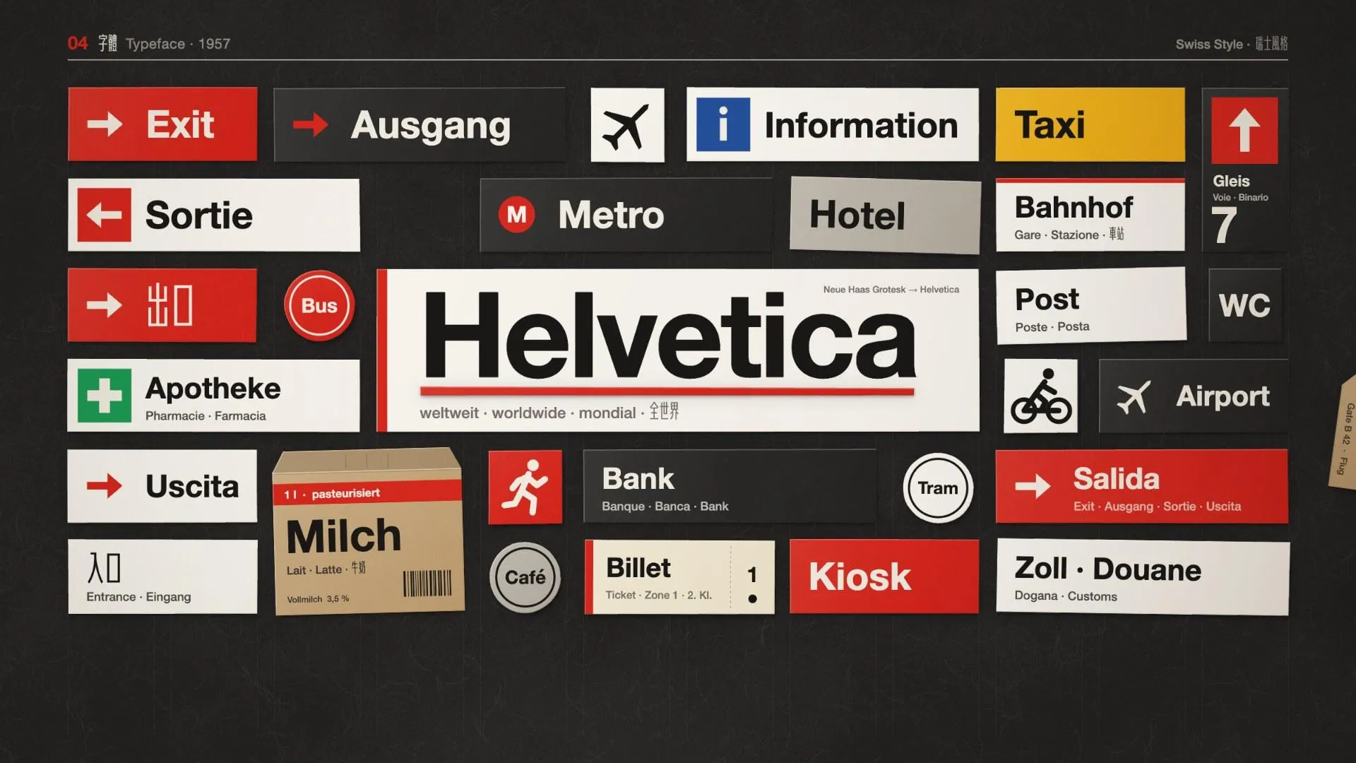 剪紙動畫裡貼滿一面牆的歐洲指標：Exit、Ausgang、Sortie、Information、Taxi、Metro、Bahnhof、出口、Apotheke，中間是一塊大大的 Helvetica 字牌