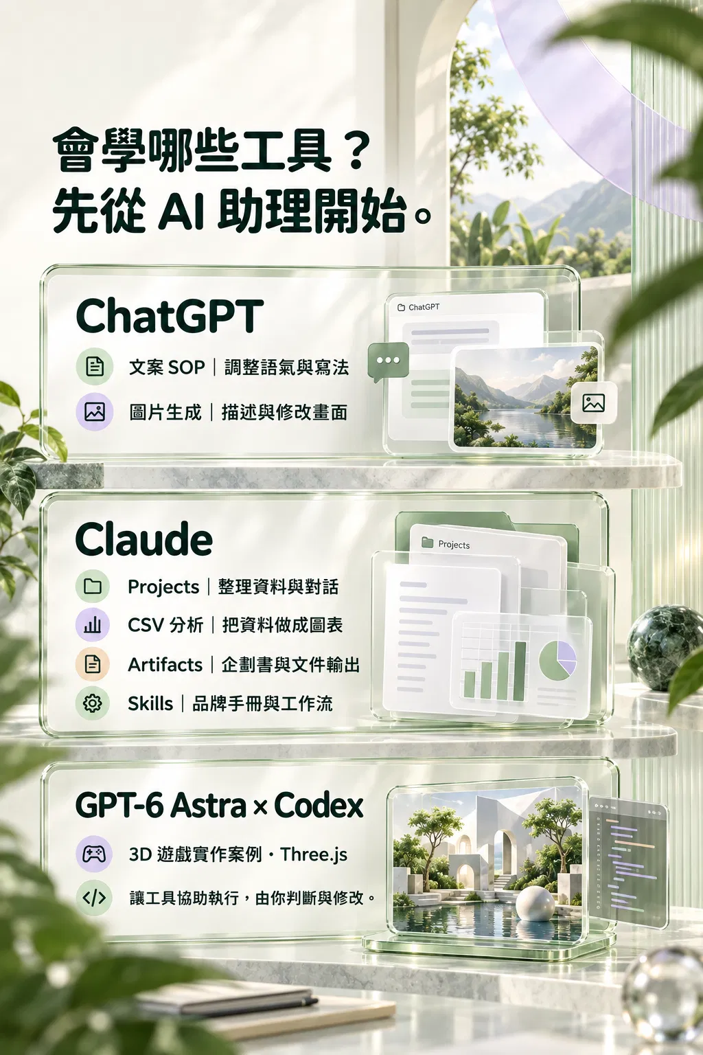 會學哪些工具？——先從 AI 助理開始；ChatGPT；文案 SOP｜調整語氣與寫法；圖片生成｜描述與修改畫面；Claude；Projects｜整理資料與對話；CSV 分析｜把資料做成圖表；Artifacts｜企劃書與文件輸出；Skills｜品牌手冊與工作流；GPT-6 Astra × Codex；3D 遊戲實作案例・Three.js；讓工具協助執行，由你判斷與修改