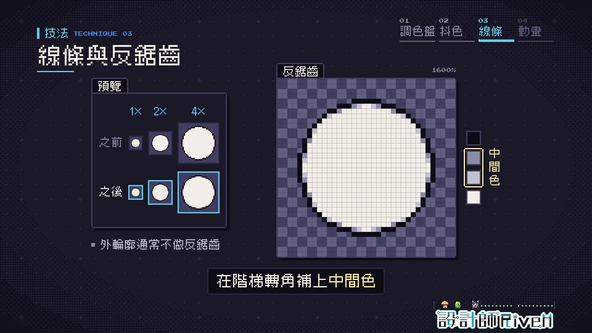 像素反鋸齒 anti-aliasing 教學：放大 1600% 的圓形線稿在階梯轉角補上兩個灰色中間色，並以 1×、2×、4× 預覽比較補色前後