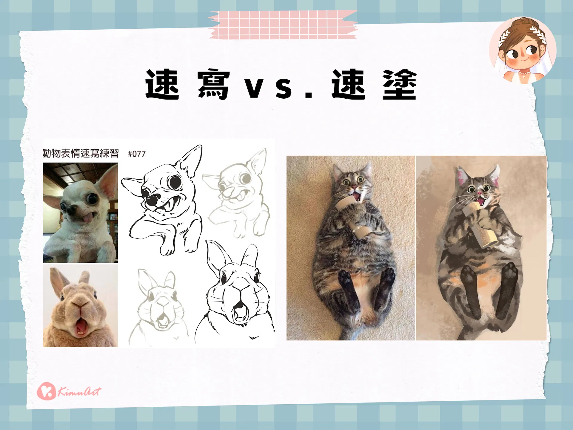 速寫與速塗的比較：左邊是用線條畫的動物表情速寫，右邊是一張貓咪照片和用色塊畫的速塗