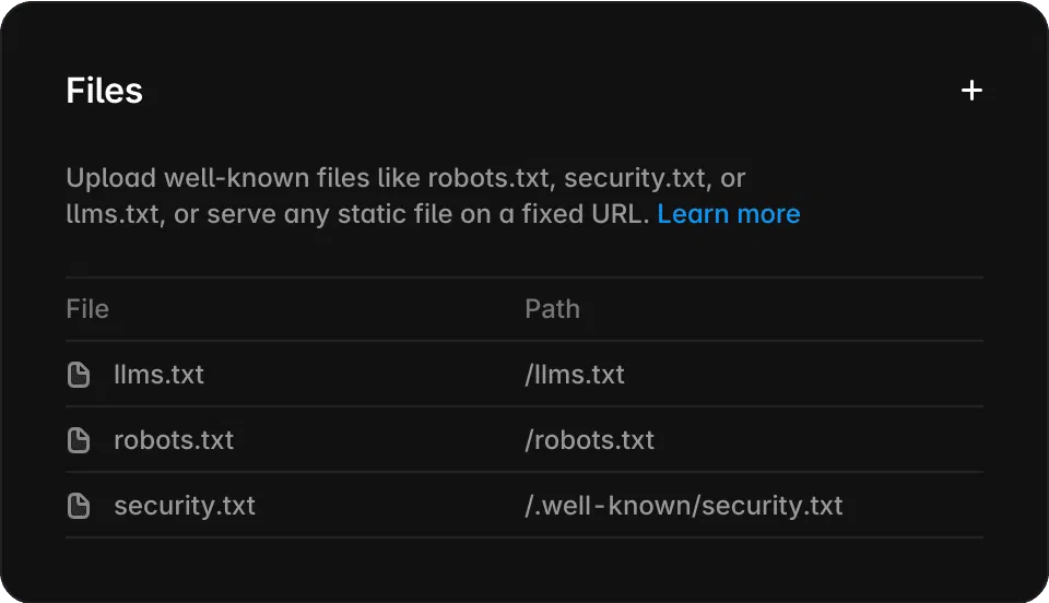 Framer Site Settings 的 Files 面板,列出可上傳的 well-known 檔案:llms.txt、robots.txt 與 security.txt 及其對應路徑