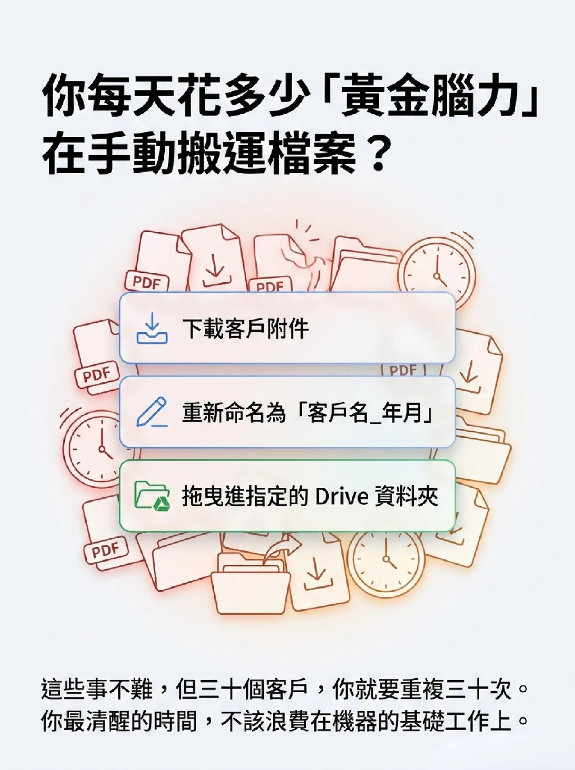 這堂課幫你解決什麼問題?你每天都在處理信件、試算表、檔案、名單與通知。這堂課陪你從真實工作流程出發,理解哪些任務適合自動化,並建立第一套可以依需求調整的 Google 自動化流程。