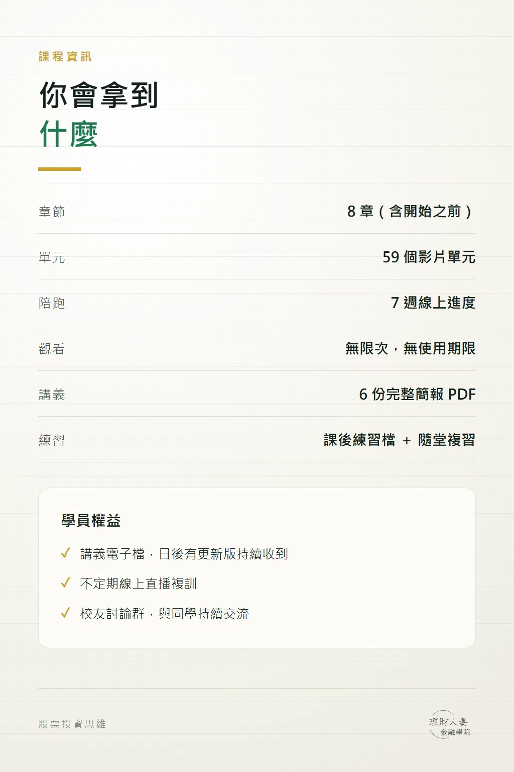 線上課程規格與學員權益:8 章 59 個單元、無限次觀看、講義 PDF、校友討論群與線上複訓