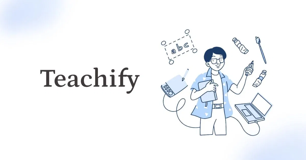 Teachify 官方品牌形象圖,繪製一位創作者同時操作影音、文件與繪圖工具,代表把知識打包成商品販售