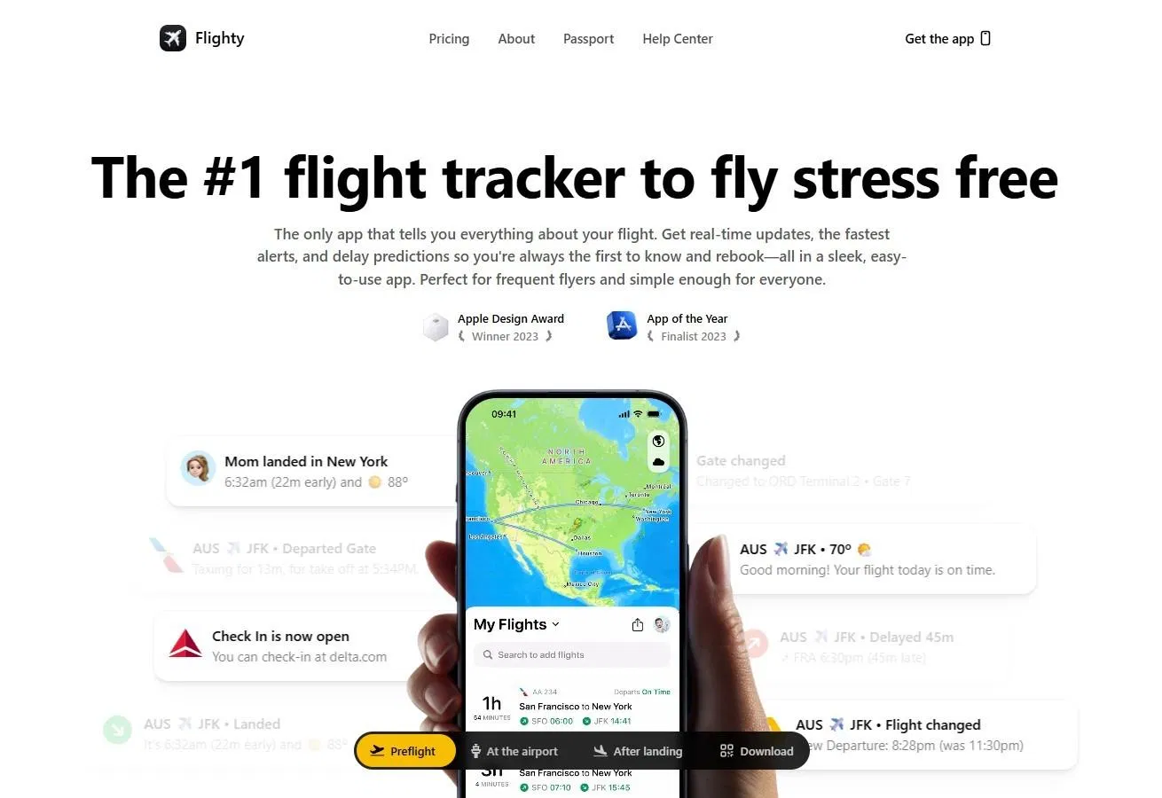 Flighty 官網首屏：標題 The #1 flight tracker to fly stress free，副標說明功能，兩個 Apple 獎項標章，下方是手機 App 畫面與航班通知卡片