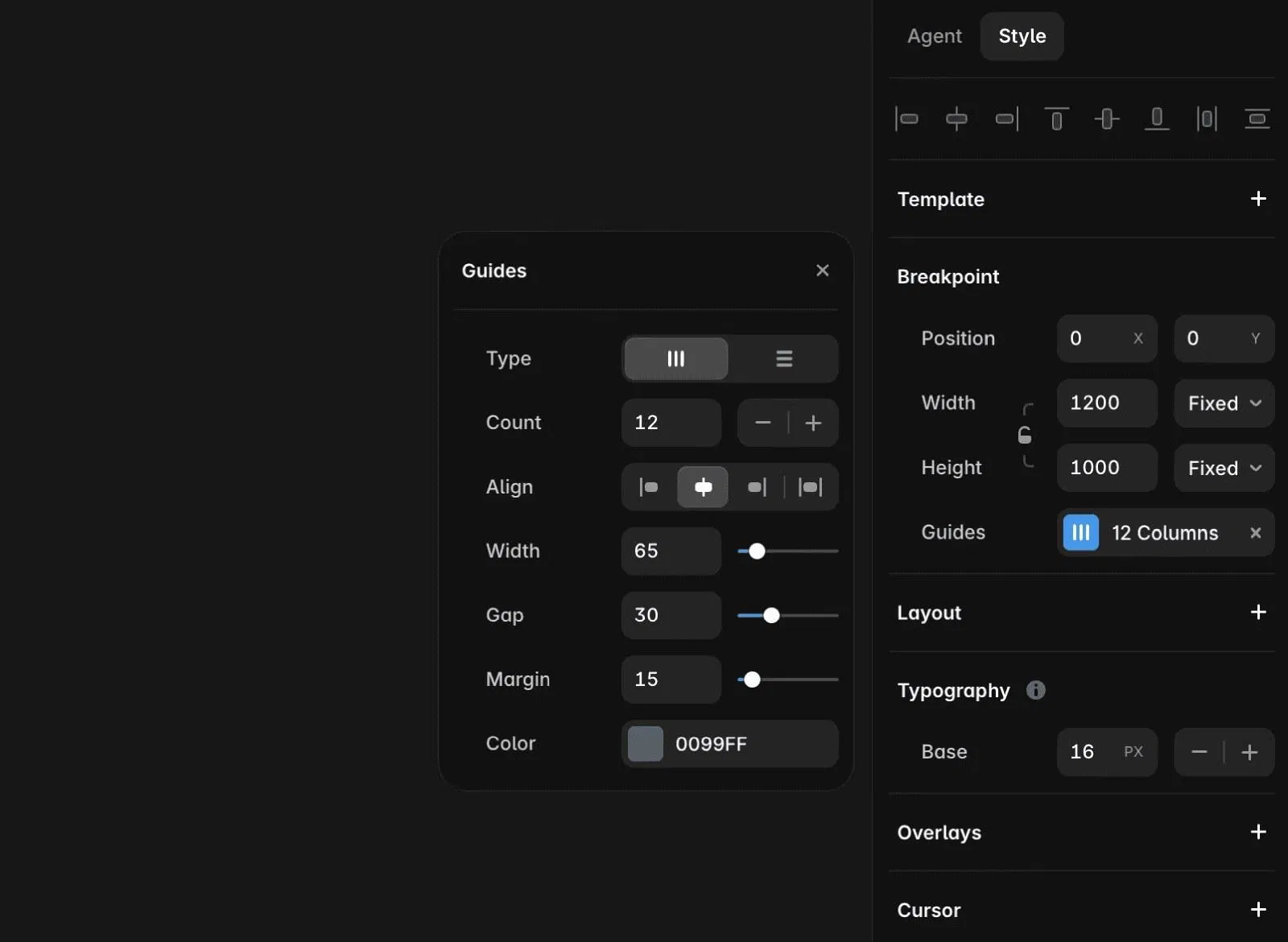 Framer 的 Guides 對話框：Type 選欄位、Count 12、Width 65、Gap 30、Margin 15，右側屬性面板的 Breakpoint 區顯示 Guides 為 12 Columns