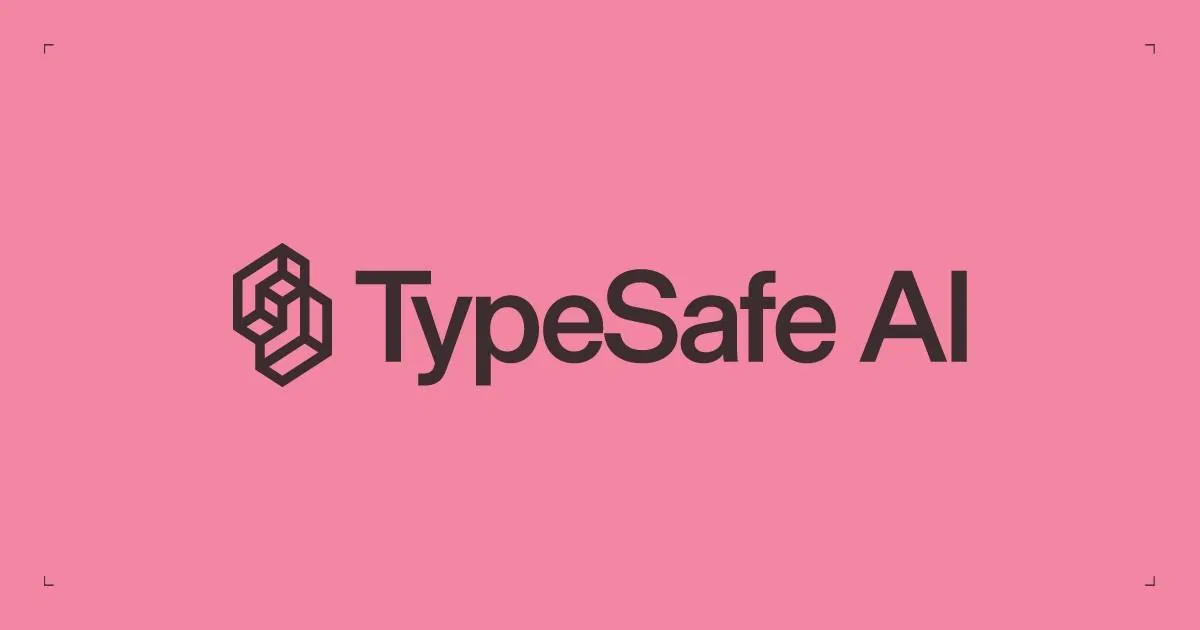 TypeSafe AI 官方品牌視覺：粉紅色底上的黑色立體方塊標誌與 TypeSafe AI 字樣