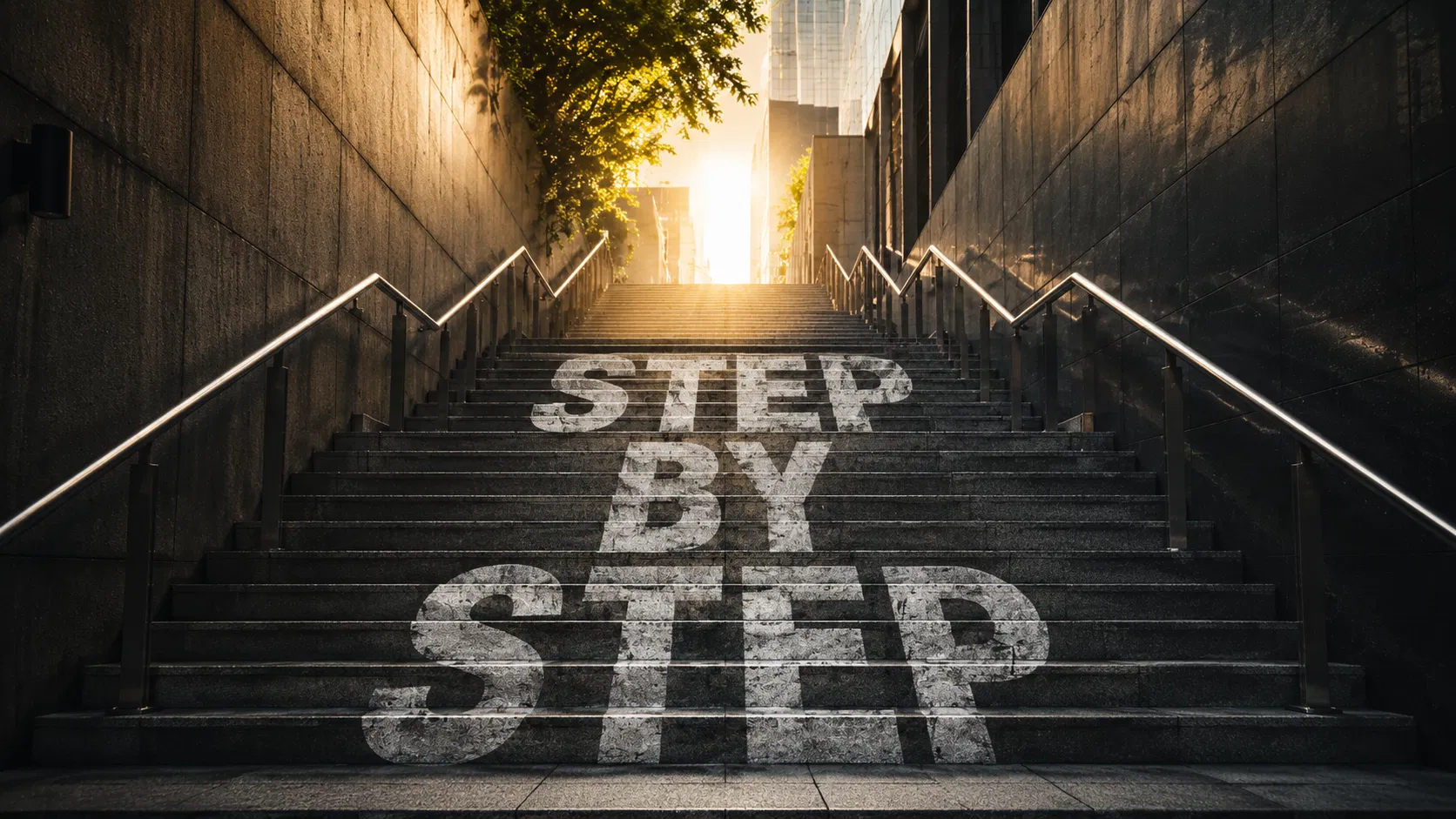 路面透視效果應用:城市階梯上寫著 STEP BY STEP 文字,光線從階梯頂端灑下
