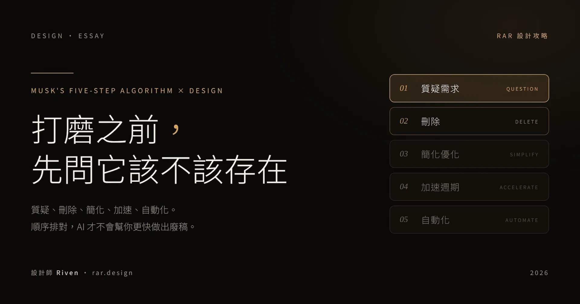 馬斯克五步工作法設計版的文章封面：標題寫著打磨之前，先問它該不該存在，右側依序列出質疑需求、刪除、簡化優化、加速週期、自動化五個步驟