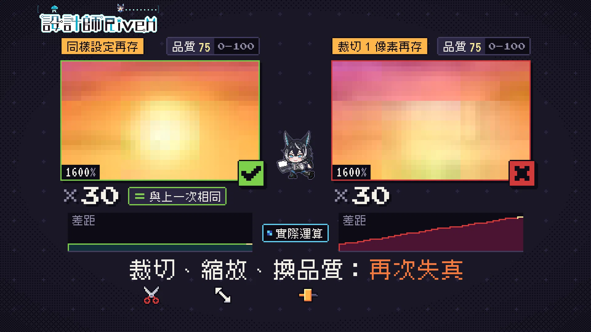 重存三十次實驗：左邊同設定重存，第四次起與上一次完全相同、差距曲線持平；右邊每次裁掉一個像素，差距曲線一路上升