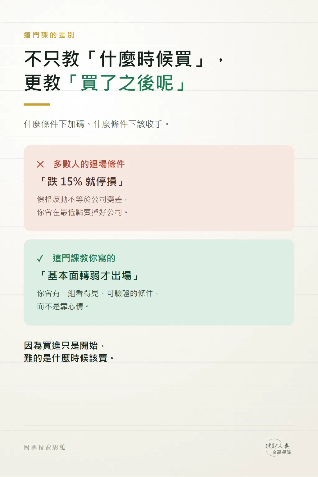退場條件對照:多數人寫「跌 15% 就停損」,這門課教你寫「基本面轉弱才出場」