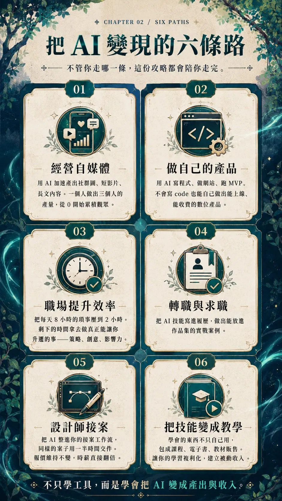 把 AI 變現的六條路——經營自媒體、做自己的產品、職場提升效率、轉職與求職、設計師接案、把技能變成教學