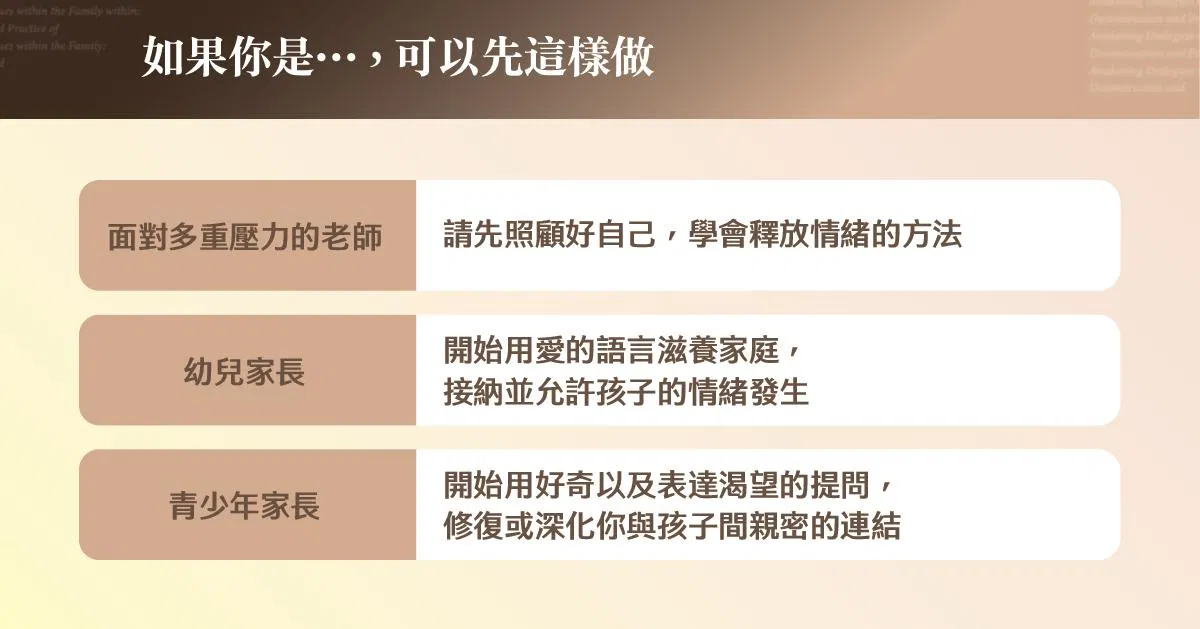 不同身份的學習起點建議:面對多重壓力的老師、幼兒家長、青少年家長,各自的最佳切入方式