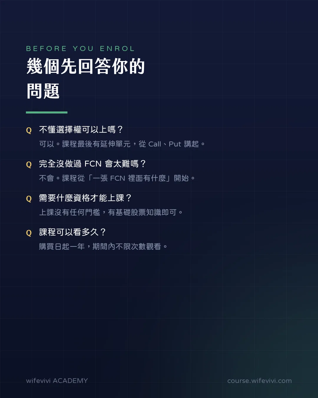 購買前常見問題,標題「幾個先回答你的問題」。不懂選擇權可以上嗎?可以,課程最後有延伸單元,從 Call、Put 講起。完全沒做過 FCN 會太難嗎?不會,課程從「一張 FCN 裡面有什麼」開始。需要什麼資格才能上課?上課沒有任何門檻,有基礎股票知識即可。課程可以看多久?購買日起一年,期間內不限次數觀看。