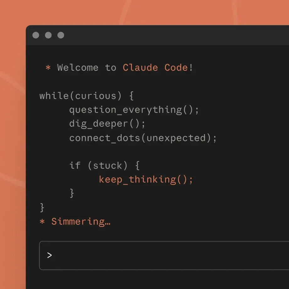 Claude Code 終端機介面：橘色背景上的深色視窗顯示 Welcome to Claude Code 與 Simmering 思考狀態