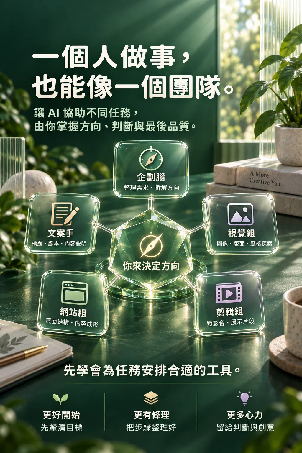 一個人做事,也能像一個團隊。——讓 AI 協助不同任務,由你掌握方向、判斷與最後品質;你來決定方向;企劃腦|整理需求・拆解方向;文案手|標題・腳本・內容說明;視覺組|圖像・版面・風格探索;網站組|頁面結構・內容成形;剪輯組|短影音・展示片段;先學會為任務安排合適的工具;更好開始|先釐清目標;更有條理|把步驟整理好;更多心力|留給判斷與創意