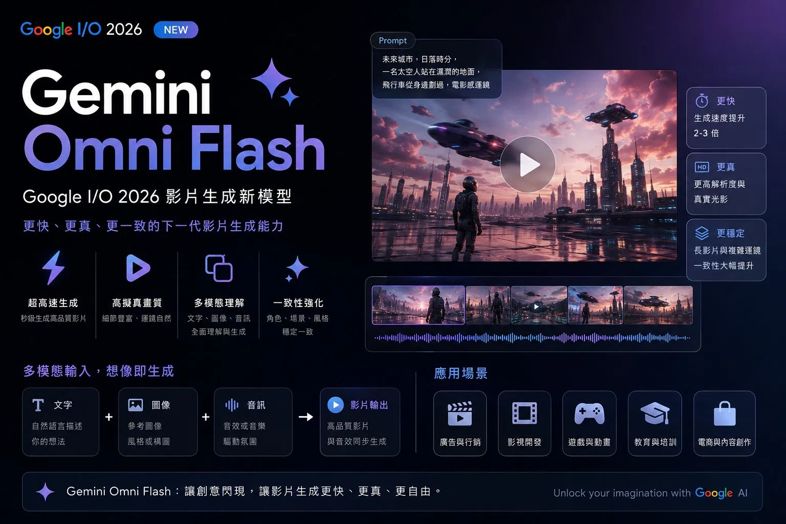 Gemini Omni Flash 主視覺，標示 Google I/O 2026 新模型，左側列出超高速生成、高擬真畫質、多模態理解、一致性強化四項核心能力，右側展示未來城市場景的影片生成 demo