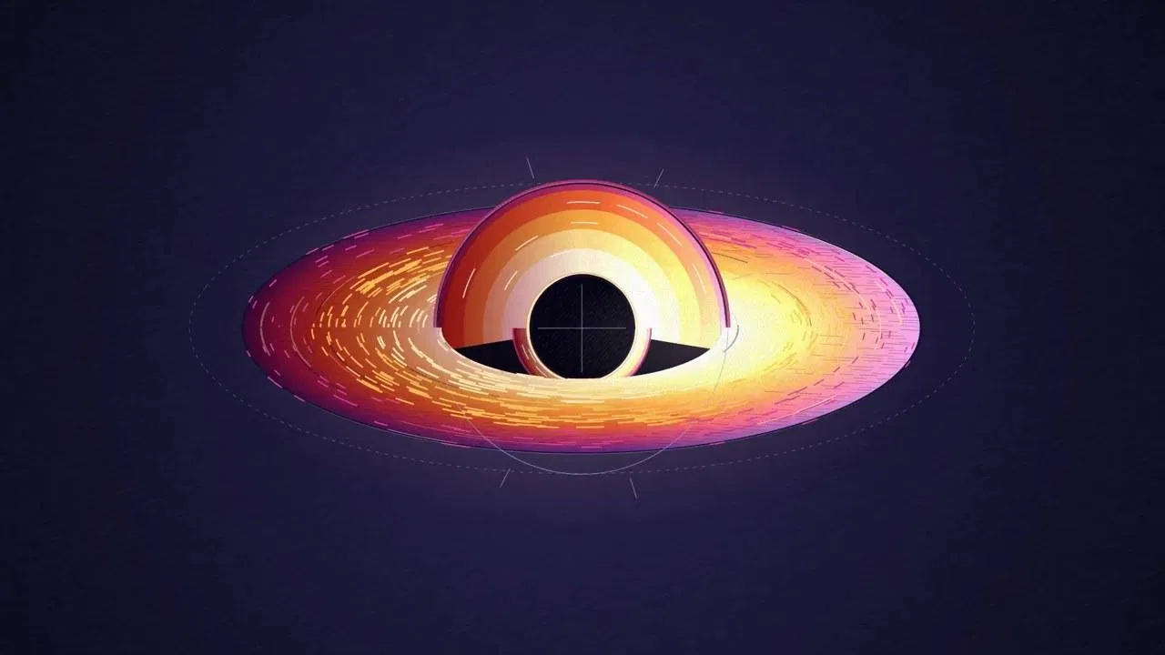 手繪風短片畫面：深色星空中發光的黑洞與吸積盤