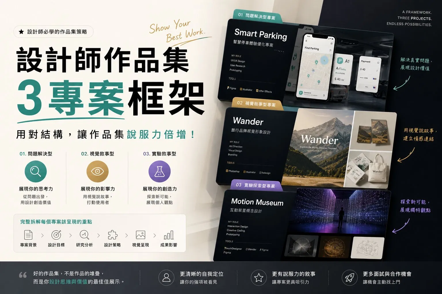設計師作品集 3 專案框架——Why／How／What 拆解，搭配 Smart Parking、Wander、Motion Museum 三類作品集範例