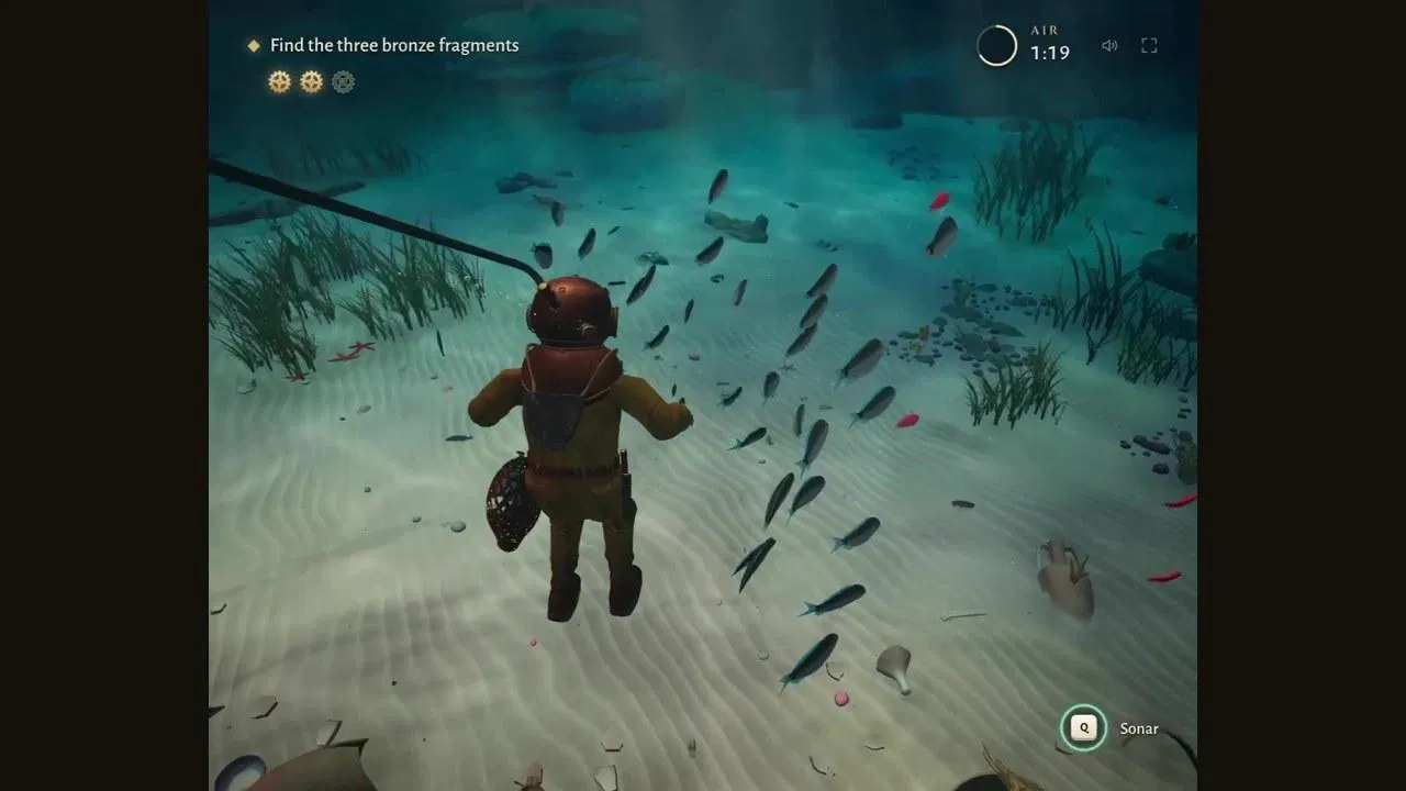 遊戲畫面：潛水員在海底和魚群一起游動