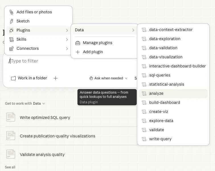 Claude 輸入框選單點開 Data plugin,右側列出它打包的十多個 skills