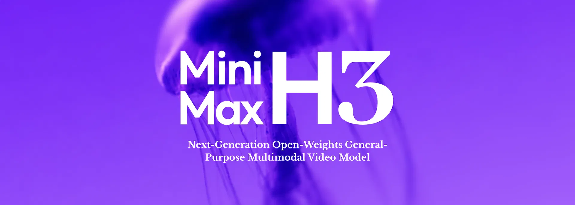MiniMax H3 官方主視覺，紫色水母背景搭配 MiniMax H3 字標與副標 Next-Generation Open-Weights General-Purpose Multimodal Video Model