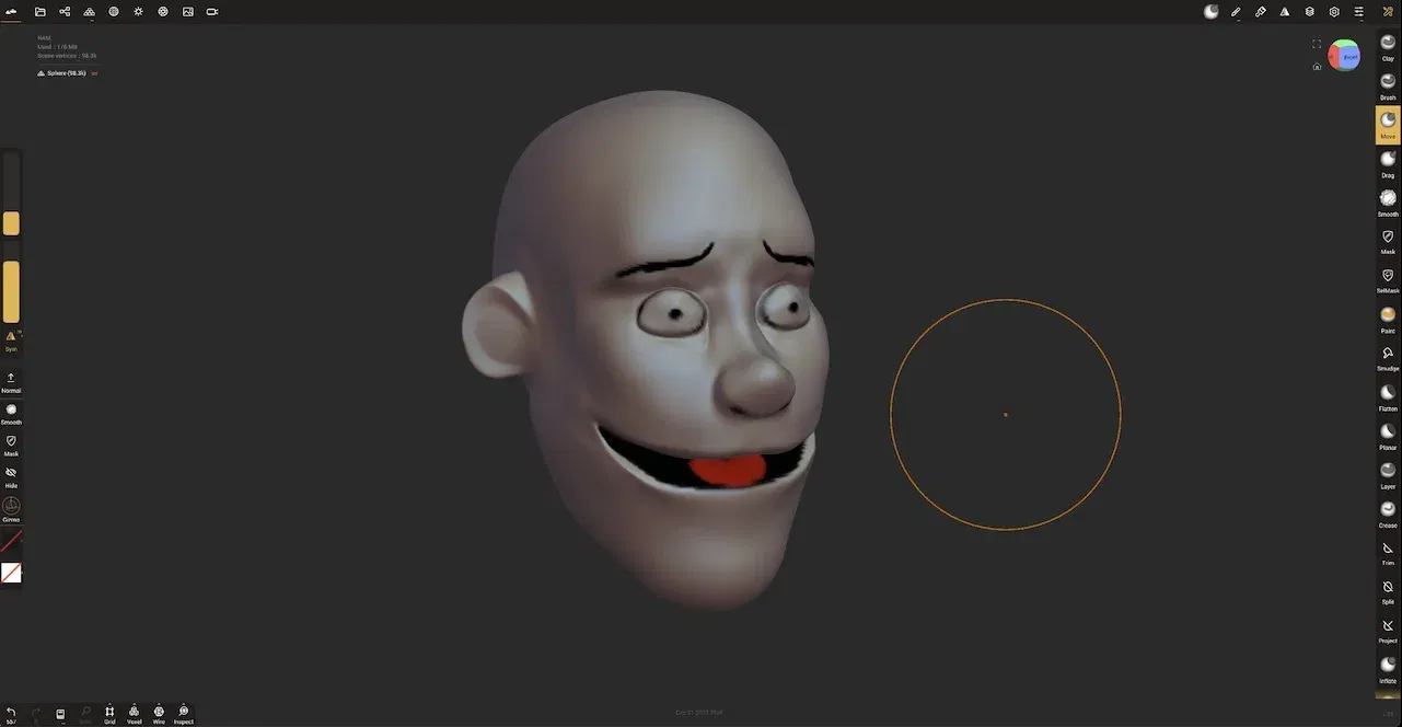 Nomad Sculpt 官方新手教學的第二階段成果:同一顆頭已經長出耳朵、下巴與鼻梁結構,臉部比例明顯,右側工具列的 Move 工具被選取中