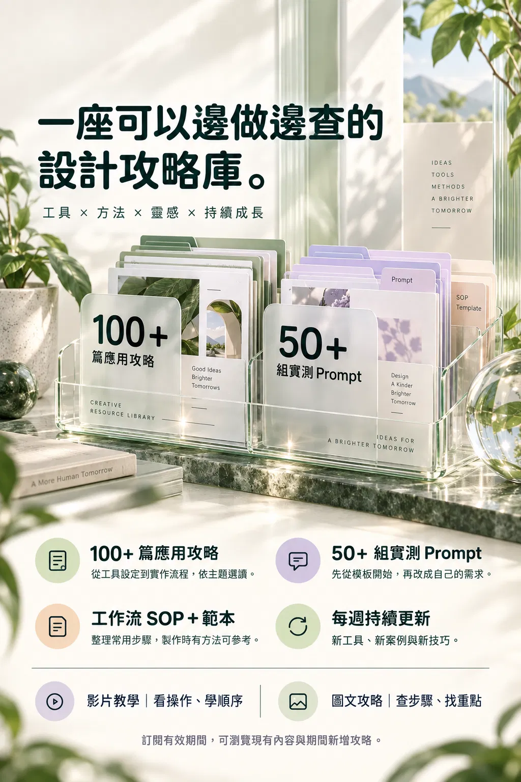 一座可以邊做邊查的——設計攻略庫；100+ 篇應用攻略；從工具設定到實作流程，依主題選讀；50+ 組實測 Prompt；先從模板開始，再改成自己的需求；工作流 SOP＋範本；整理常用步驟，製作時有方法可參考；每週持續更新；新工具、新案例與新技巧；影片教學｜看操作、學順序；圖文攻略｜查步驟、找重點；訂閱有效期間，可瀏覽現有內容與期間新增攻略