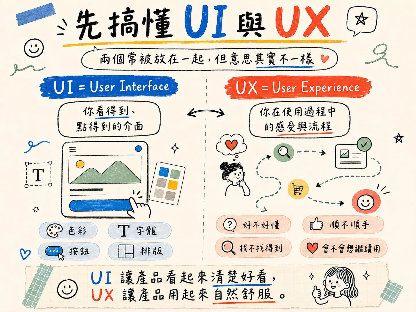 先搞懂 UI 與 UX 對照圖:UI 是 User Interface 你看得到、點得到的介面,包含色彩、字體、按鈕、排版;UX 是 User Experience 你在使用過程中的感受與流程,包含好不好懂、順不順手、找不找得到、會不會想繼續用