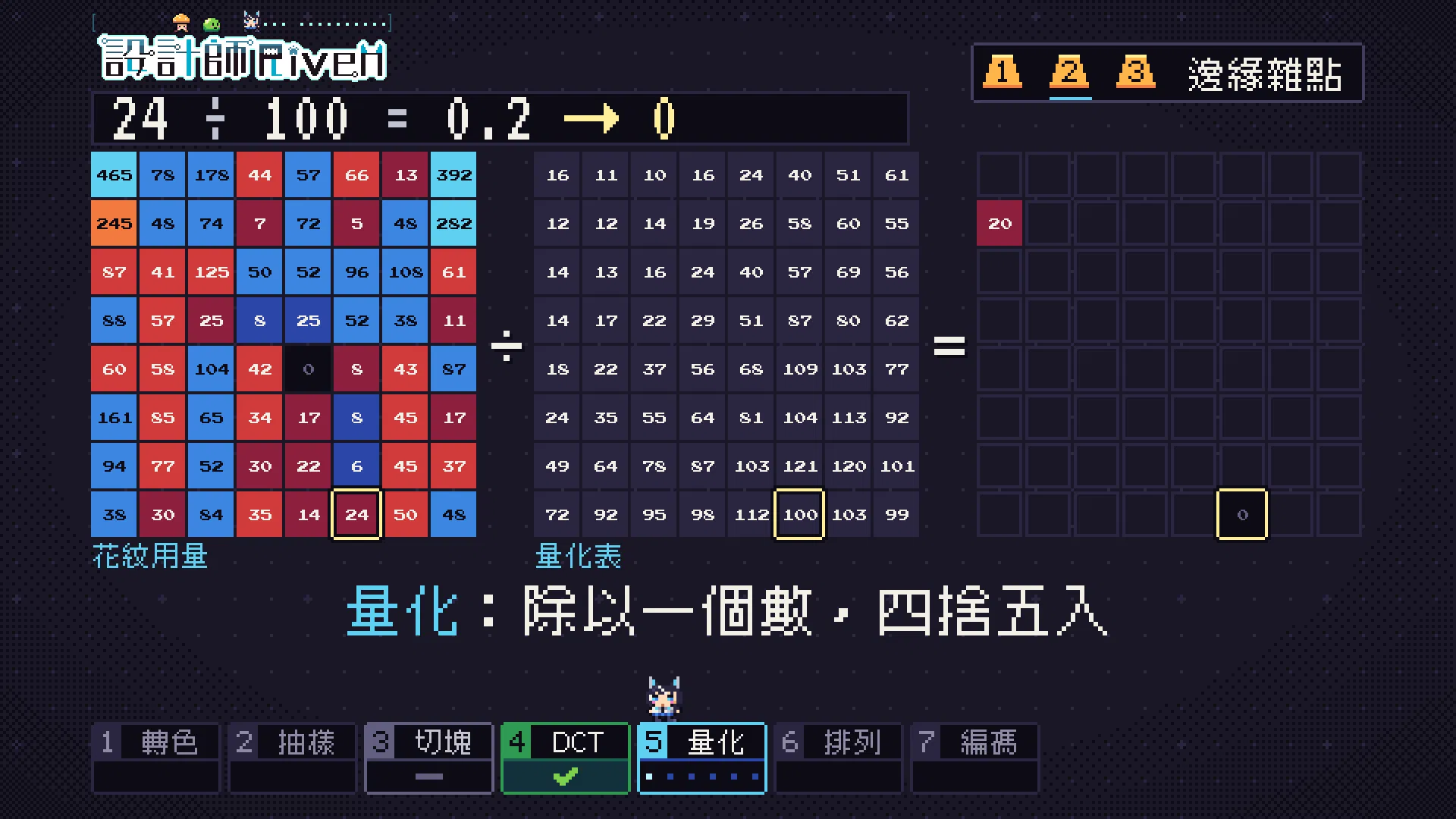 量化示範：花紋用量除以量化表，24 除以 100 得 0.2，四捨五入變成 0