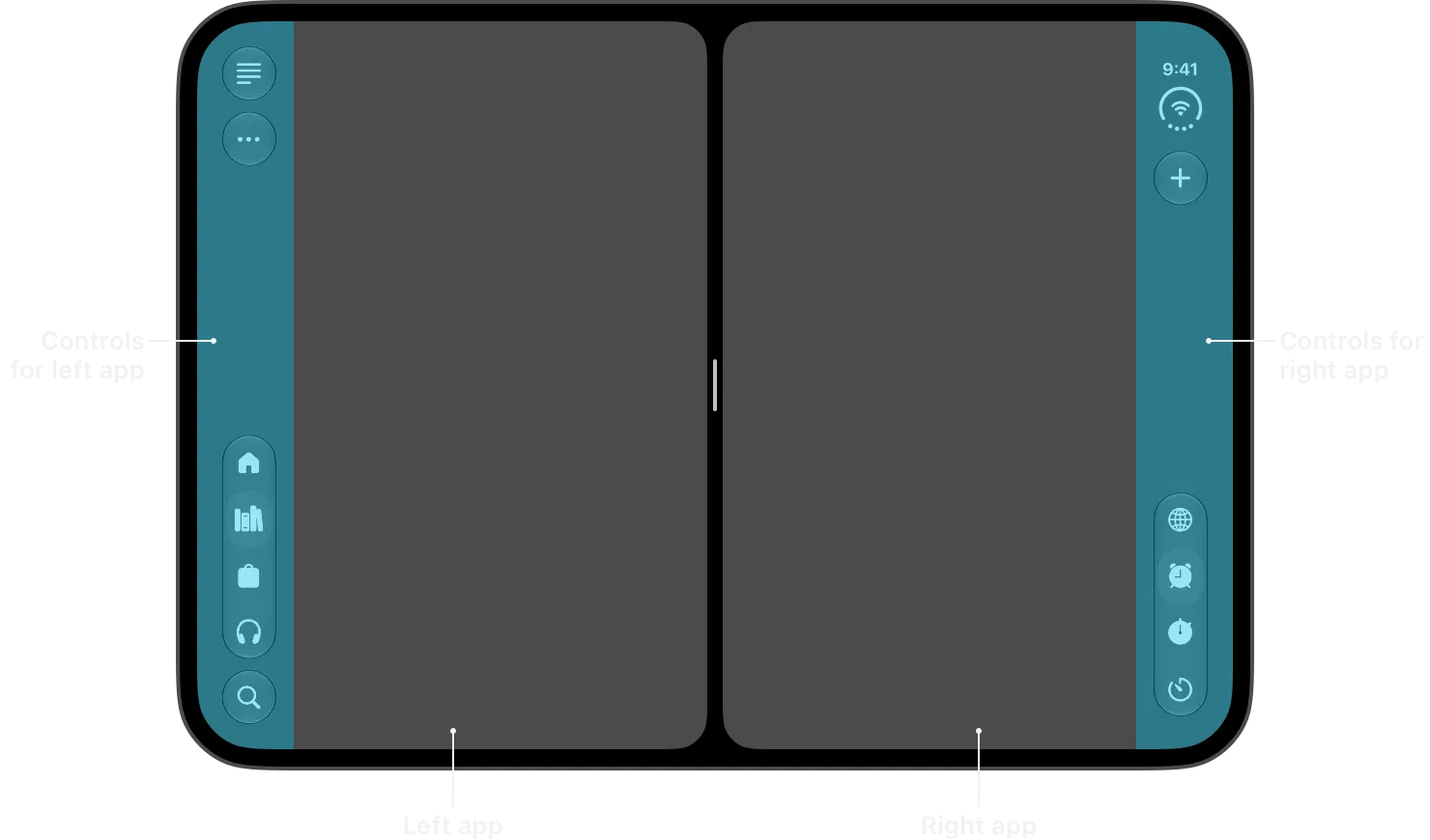 Split View 示意圖：兩個 App 各自把控制列放在自己的外側邊緣
