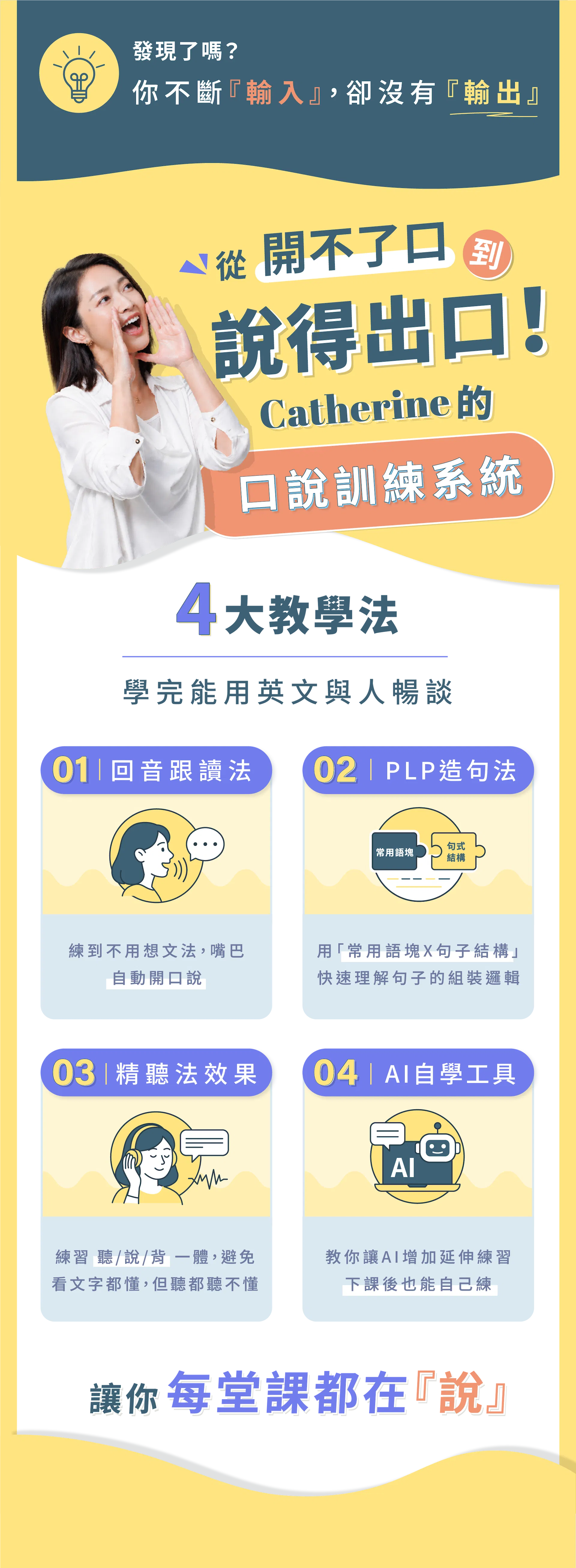 突破聽說系列是專為成人設計的英文口說與聽力課程，透過分級小班、課堂練習、課後錄音與老師回饋，幫助學員建立英文學習系統，從聽懂到說得出口。