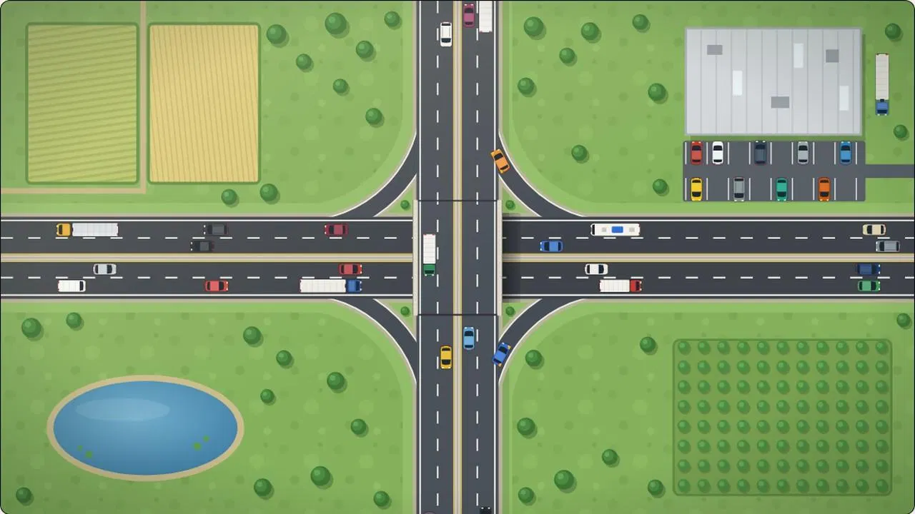 SVG 動畫畫面：俯瞰的交流道，四周是草地、停車場和池塘