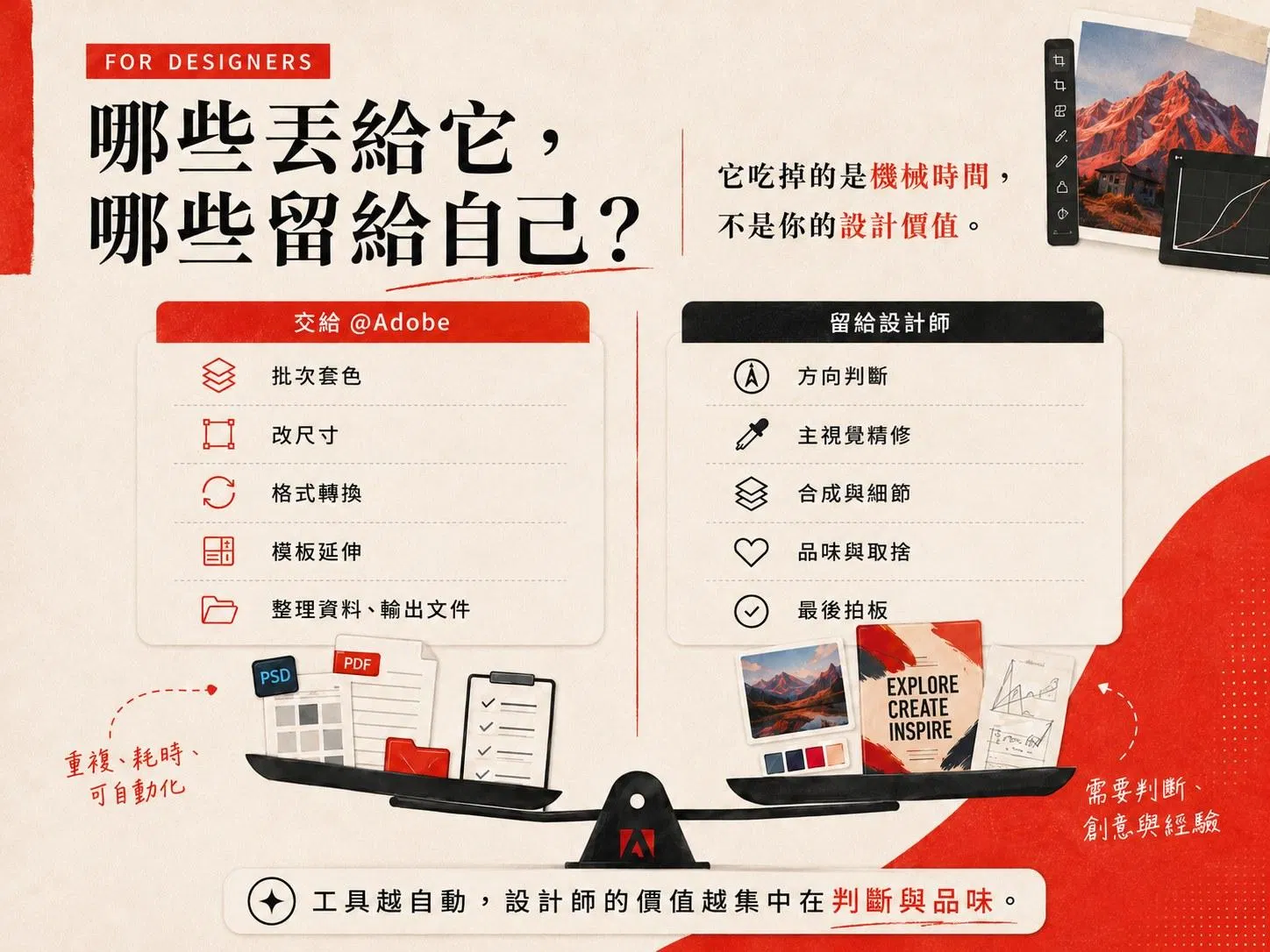 設計師分工天秤資訊圖：批次套色、改尺寸、格式轉換交給 @Adobe；方向判斷、主視覺精修、品味取捨留給設計師