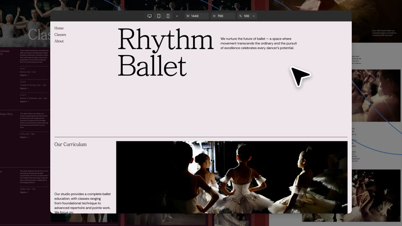 Figma Sites 編輯器，在 Figma 畫布上製作一個叫 Rhythm Ballet 的芭蕾舞教室網站，上方有 desktop／tablet／mobile 斷點切換與寬高尺寸控制