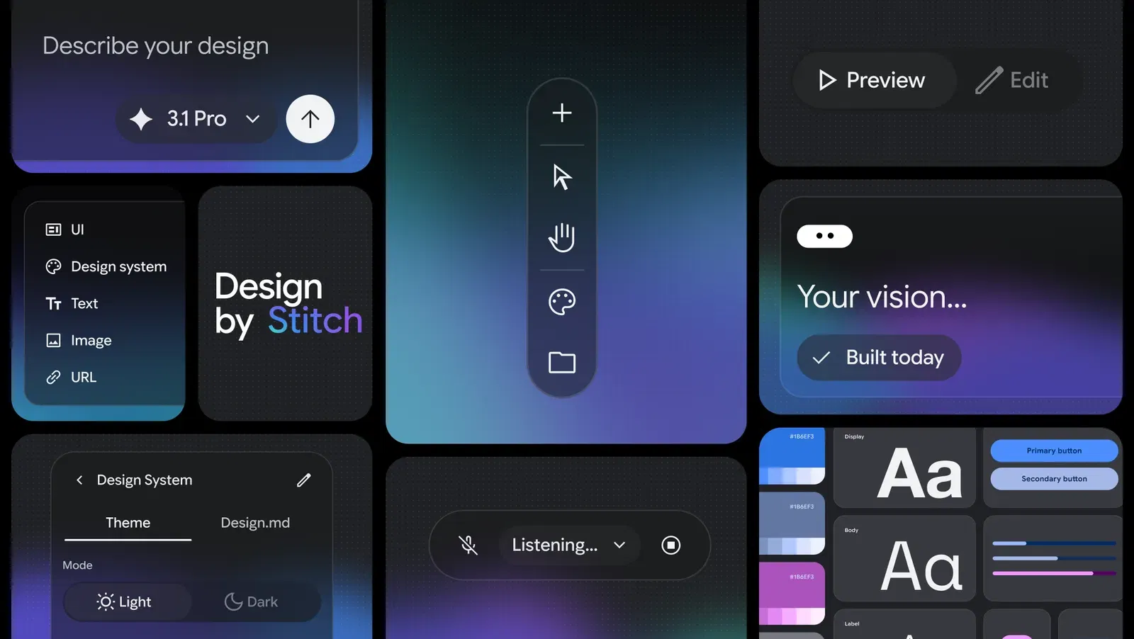 Google Stitch 2.0 介面拼貼,展示 Vibe Design 模式的描述輸入框、設計系統面板、語音輸入與互動 prototype