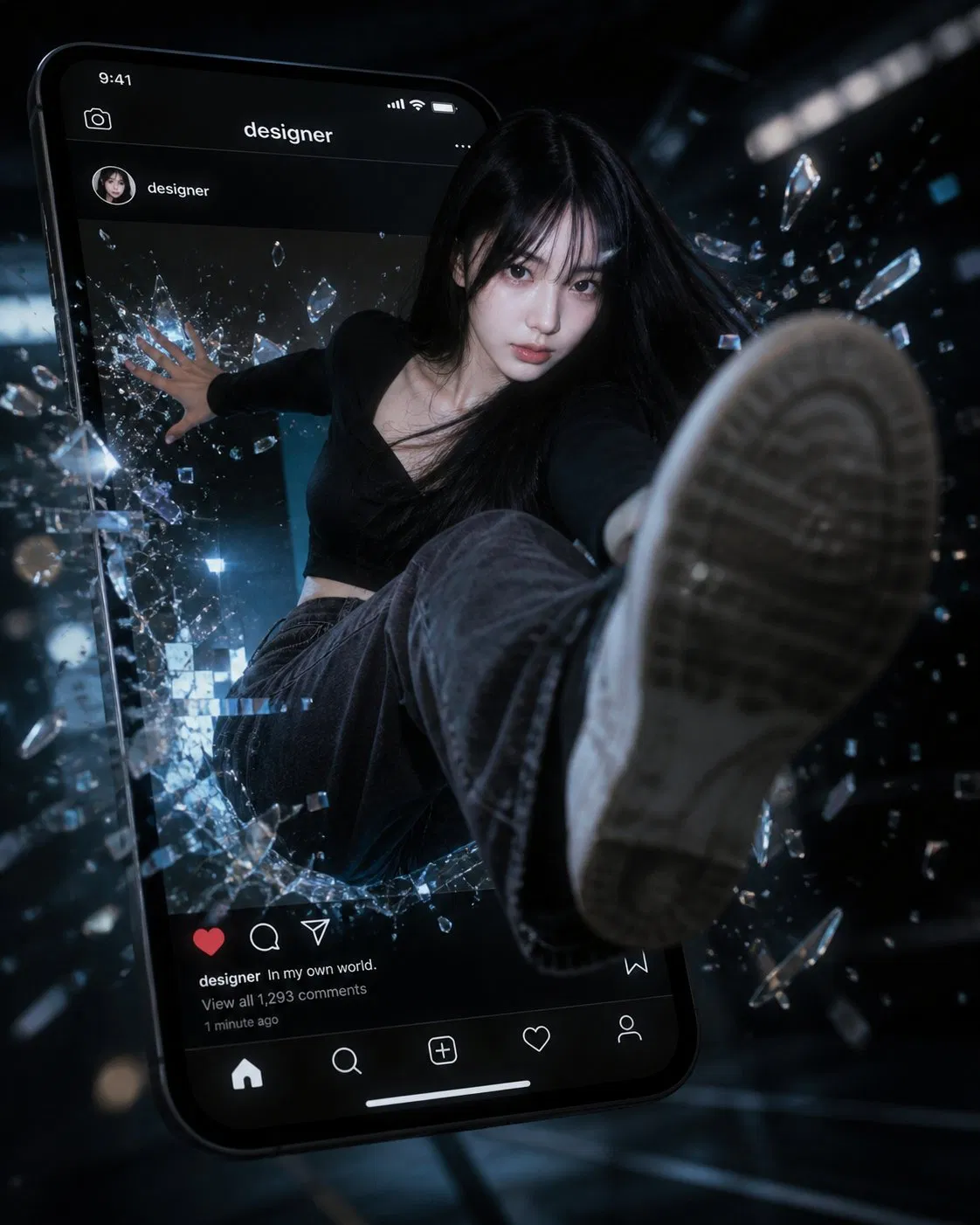 ChatGPT Image 2 cinematic 主視覺 — 黑髮女生破屏而出