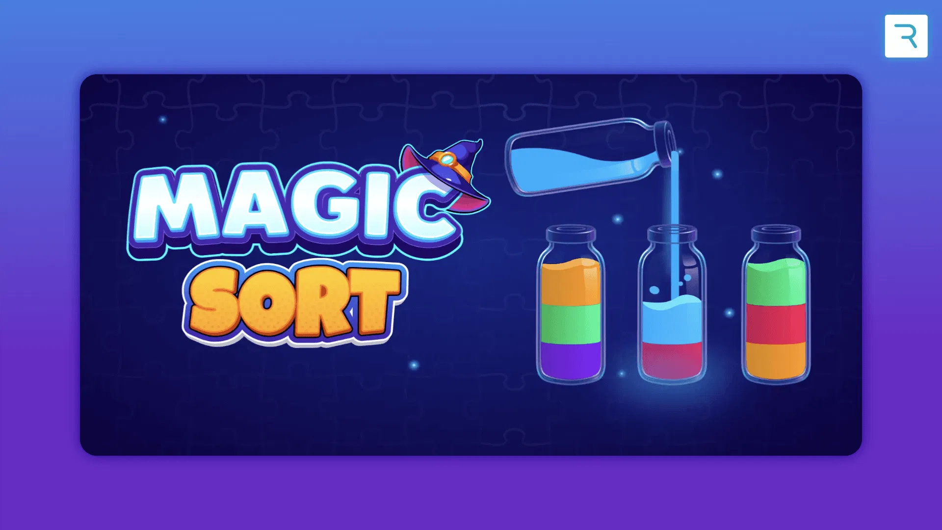 Magic Sort 手機遊戲主視覺，紫藍色背景上有遊戲標題與三個裝著彩色液體的玻璃瓶