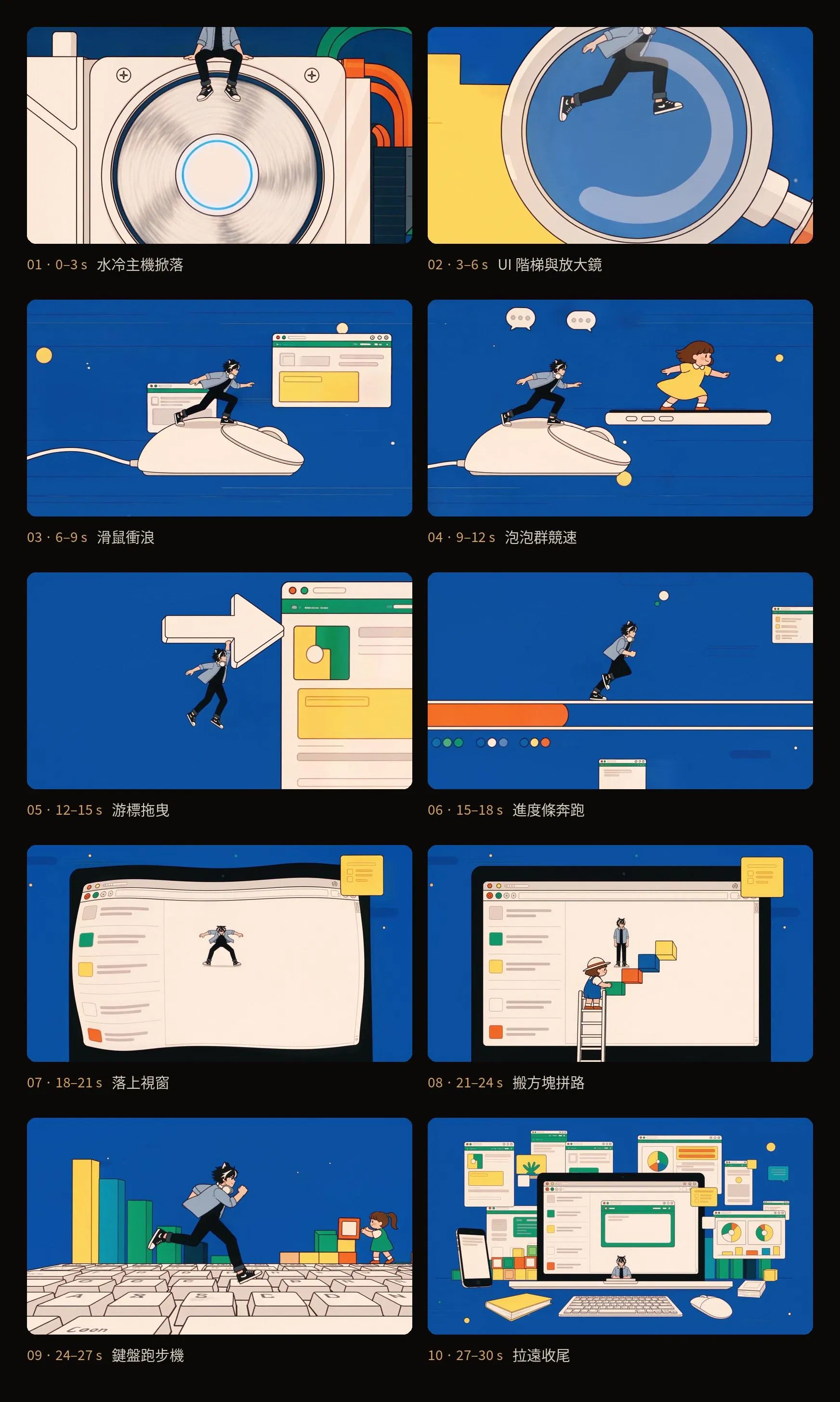Seedance 2.5 motion graphics 十格分鏡表：水冷主機掀落、放大鏡轉場、滑鼠衝浪、泡泡競速、游標拖曳、進度條奔跑、落上視窗、搬方塊、鍵盤跑步機、拉遠收尾