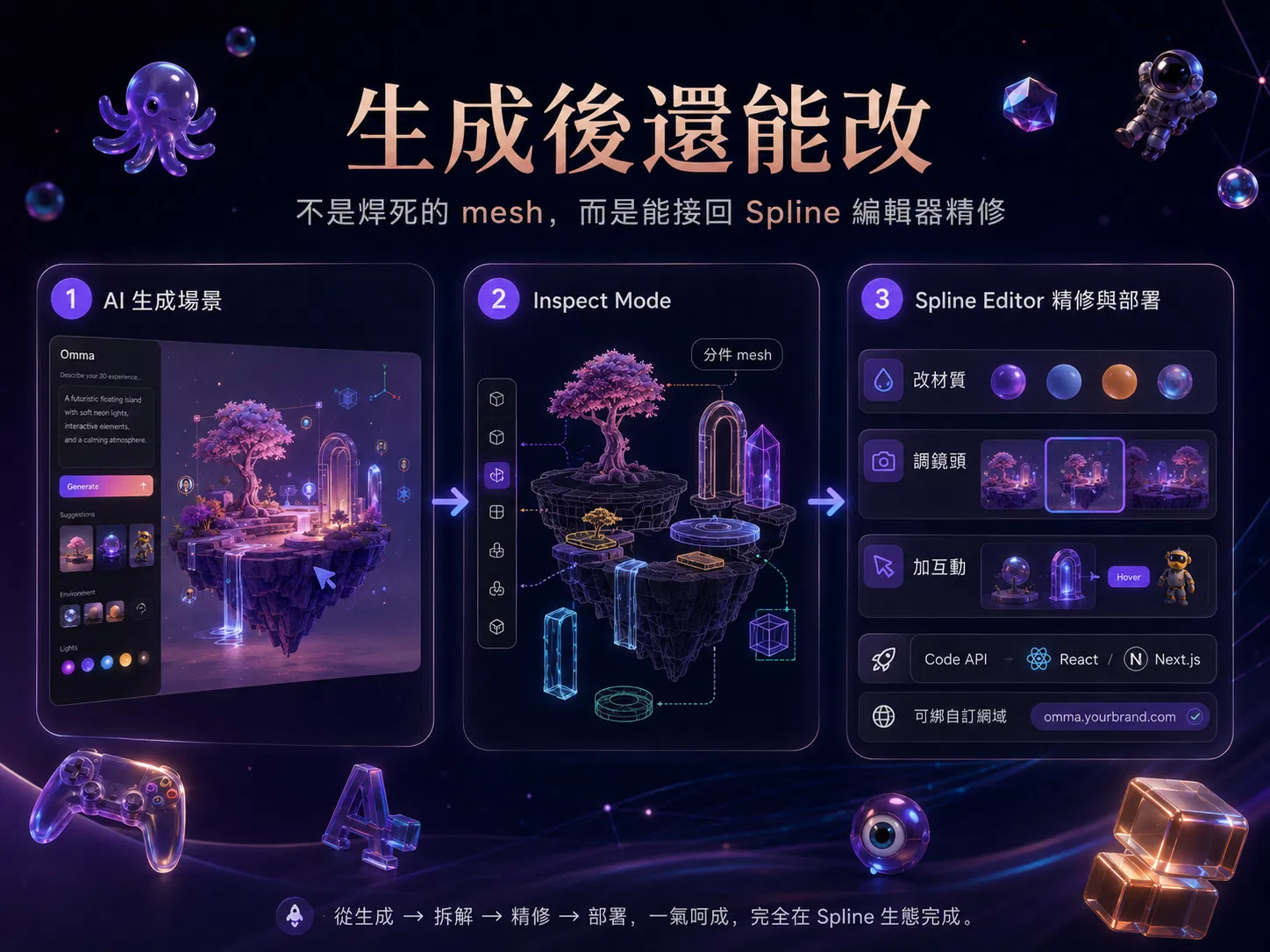 Omma 生成後編輯流程三步驟:AI 生成場景、Inspect Mode 檢視分件 mesh、進 Spline Editor 改材質調鏡頭加互動並部署